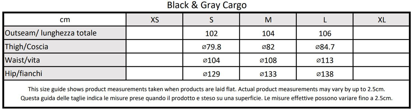 Moondi clothing black and grey cargo size guide, parkour and streetwear clothing