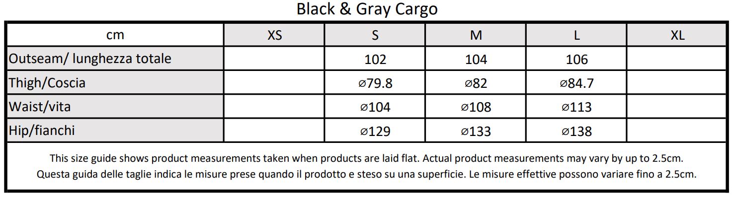 Moondi clothing black and grey cargo size guide, parkour and streetwear clothing