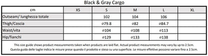 Moondi clothing black and grey cargo size guide, parkour and streetwear clothing