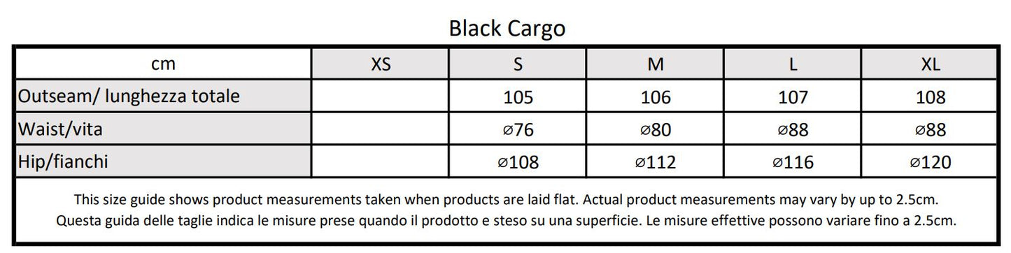 Moondi clothing black cargo size guide, parkour and streetwear clothing