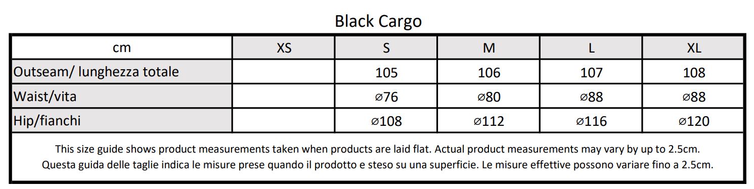 Moondi clothing black cargo size guide, parkour and streetwear clothing