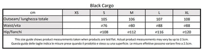 Moondi clothing black cargo size guide, parkour and streetwear clothing