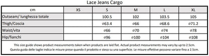 Moondi clothing blue lace jeans cargo size guide, parkour clothing