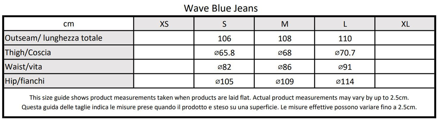 Moondi clothing blue wave jeans pants size guide