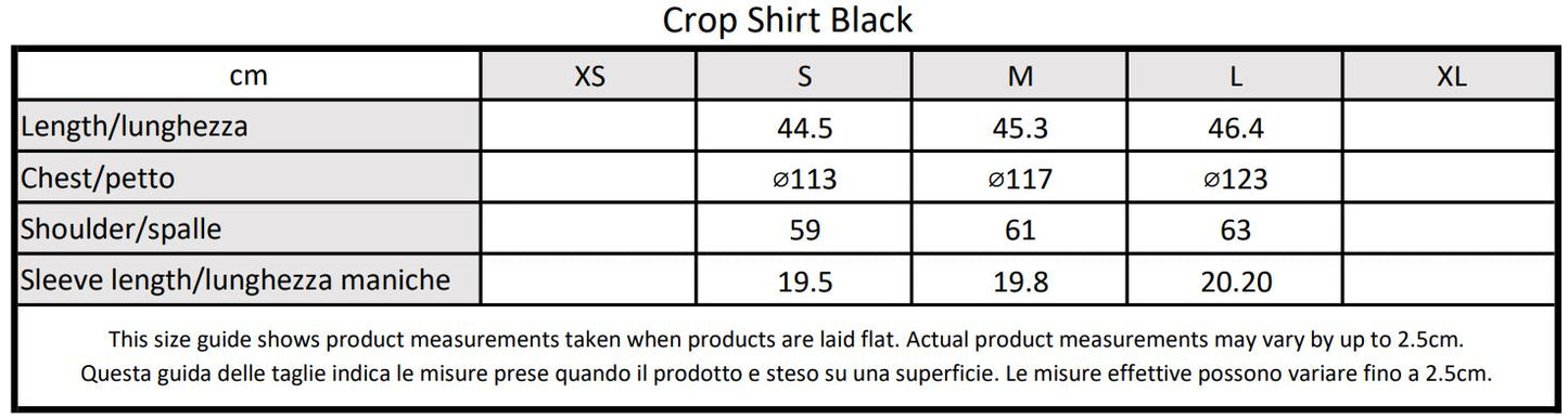 Moondi clothing crop shirt size guide, parkour and streetwear clothing