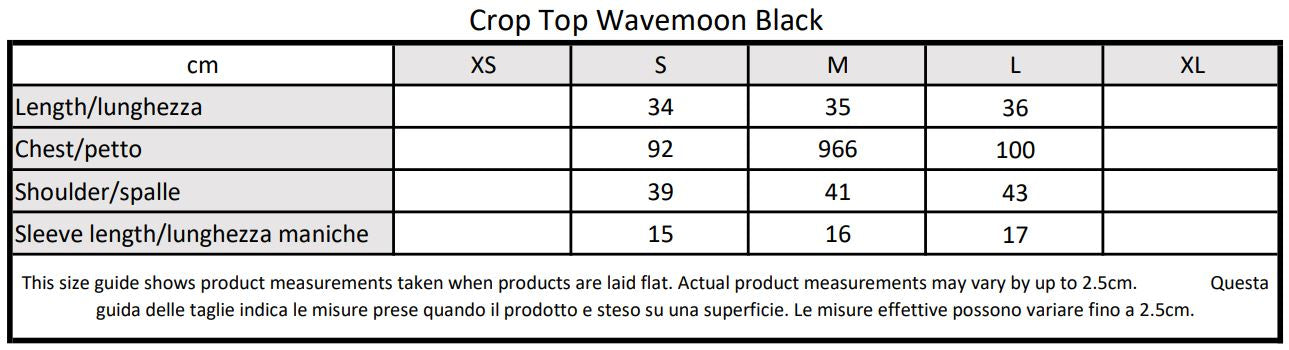 Moondi clothing crop top black size guide, parkour and streetwear clothing