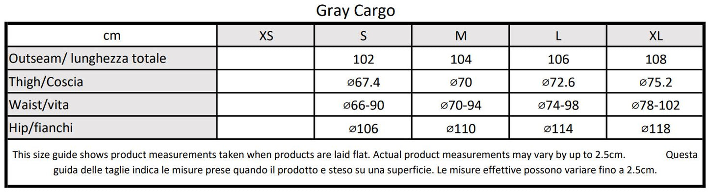Moondi clothing grey cargo size guide, parkour and streetwear clothing