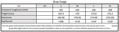 Moondi clothing grey cargo size guide, parkour and streetwear clothing